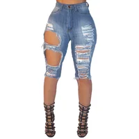 

Wholesale custom top design skinny ripped holes knee length short women tight jeans short skin tight shorts