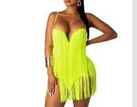 

New design women sexy two-piece spaghetti strap short mini night club tassel dress
