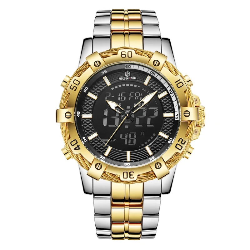 

Top Brand Luxury Golden Digital Watches Men GOLDENHOUR Dual Time Quartz Wristwatches Full Steel Date LED Waterproof Wristwatches