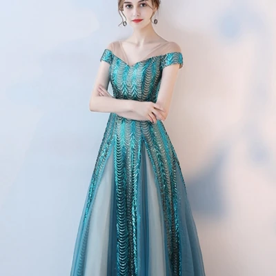 

Wholesale in stock off the shoulder sweetheart luxury sequin beading ball gown formal long prom party evening dress, Green