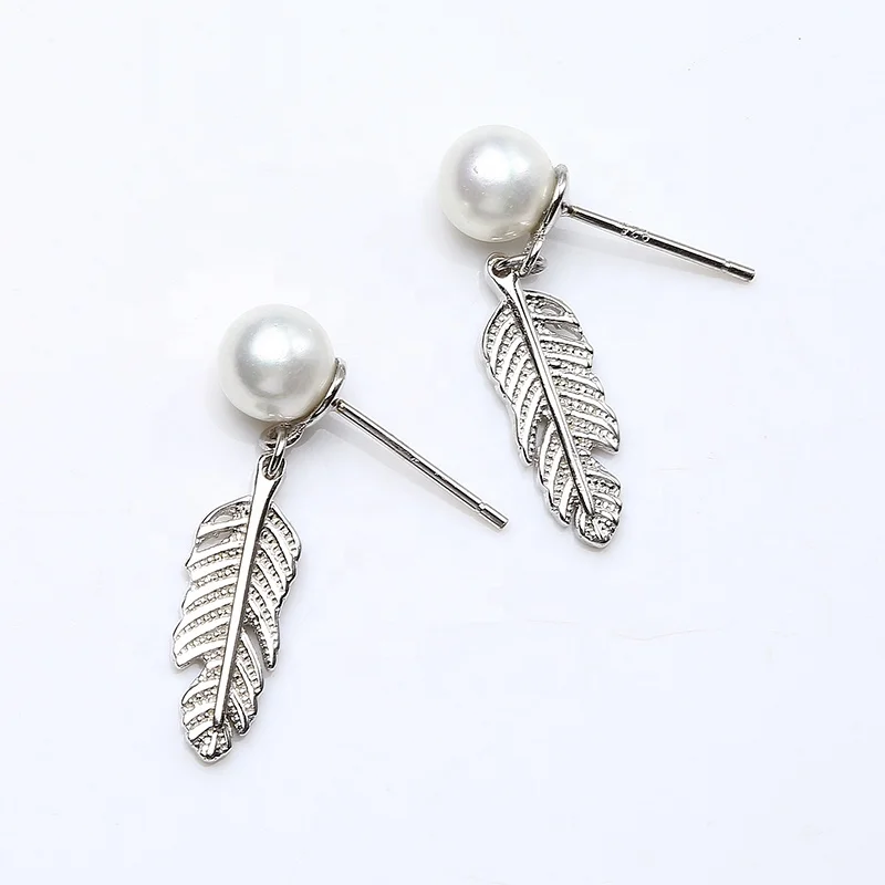 

925 silver pearl jewelry feather stud earrings, White