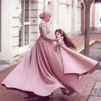 

New Muslim Long Jumpsuits Evening Dresses High Neck Long Sleeve Prom Gown Abric Dubai Formal Party Wear