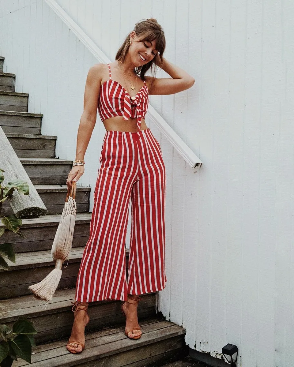 OOTN Tank Top Camis Loose Trousers 2 Piece Sets Burgundy Red Striped Women Strap Crop Top Shirts Wide Leg Pants Two Piece Sets