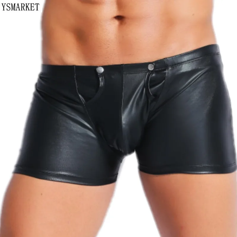 

YSMARKET PU Faux Leather Lingerie Sexy Tight Mens Underwear Briefs/Zipper Open Crotch Boxers/Drawstring Hotpants E6739