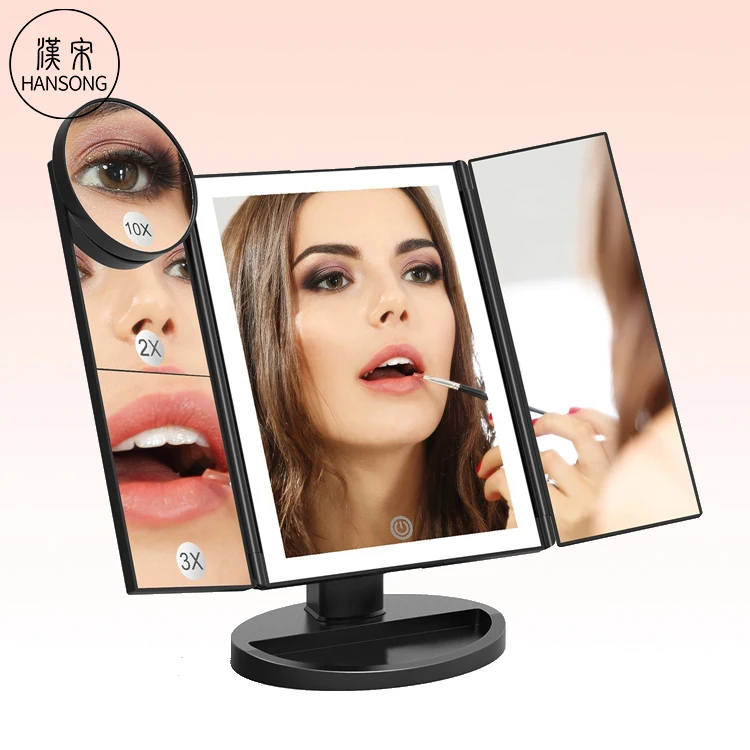 

2019 Hot Sell LED Trifold Vanity Desktop Mirror with 38 LED Lights 3 panels LED Makeup Mirror with 4 Strips Spiegel, Black, white, rose gold
