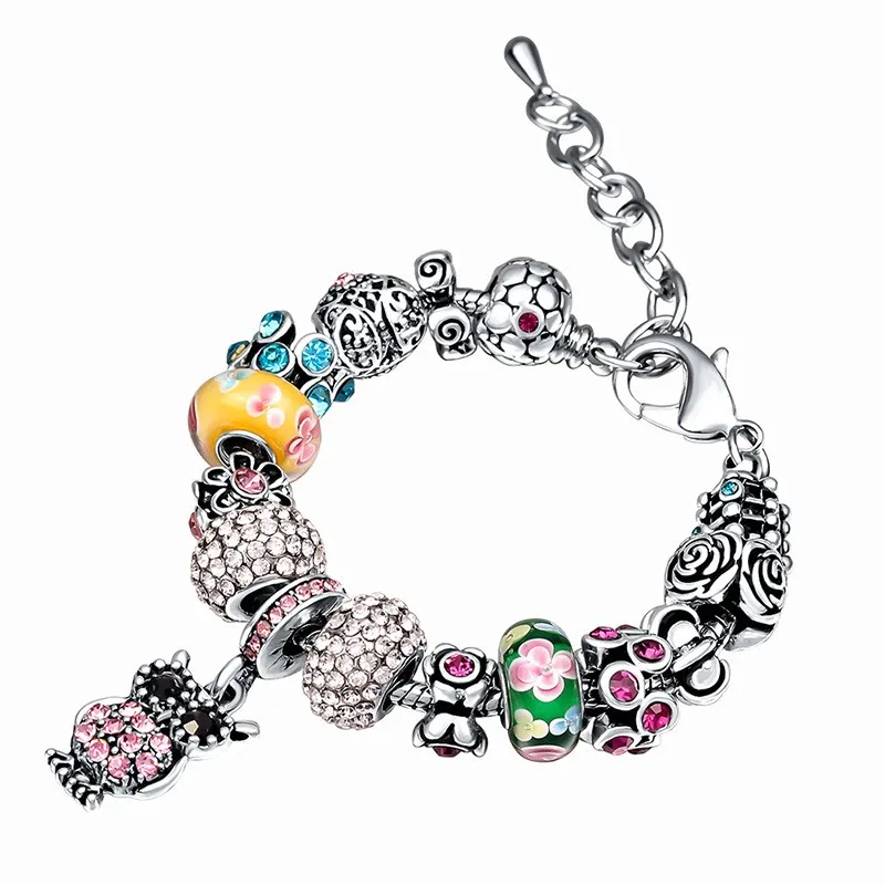 The Pink Crystal Charm Bracelet Bangle Woman With Safety Silver Chain