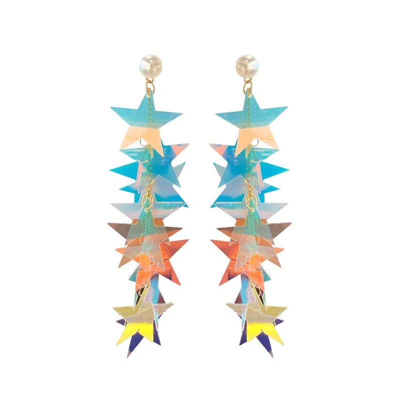 

fashion ear jewelry dangle statement pearl stud earrings long pentagonal Tiered Thread stars tassel sequin earrings jewelry