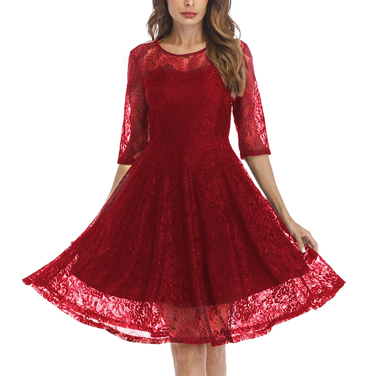 

Wholesale New Design Women Knee Length Casual Round Neck Sexy Lace Dress, Black;purple