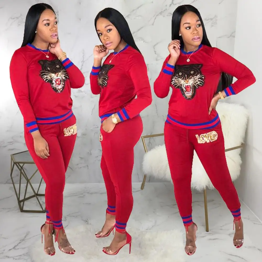 

Women casual sweatshirts 2 Pieces Outfits crewnecks Long Sleeve tiger printed Tops Love Pants Set Tracksuits Jumpsuits