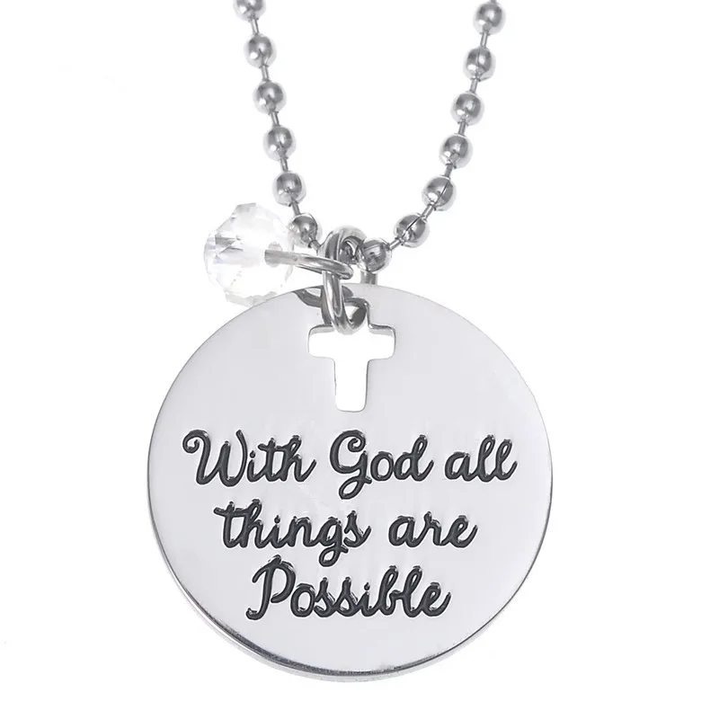 

Stainless steel cross engraved With God all things are possible round with beads ball chain necklace