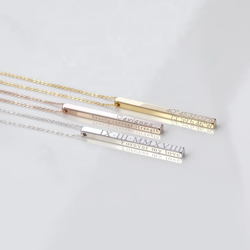

Personalized 14k Plated Mantra Long 3D Bar Metal necklace