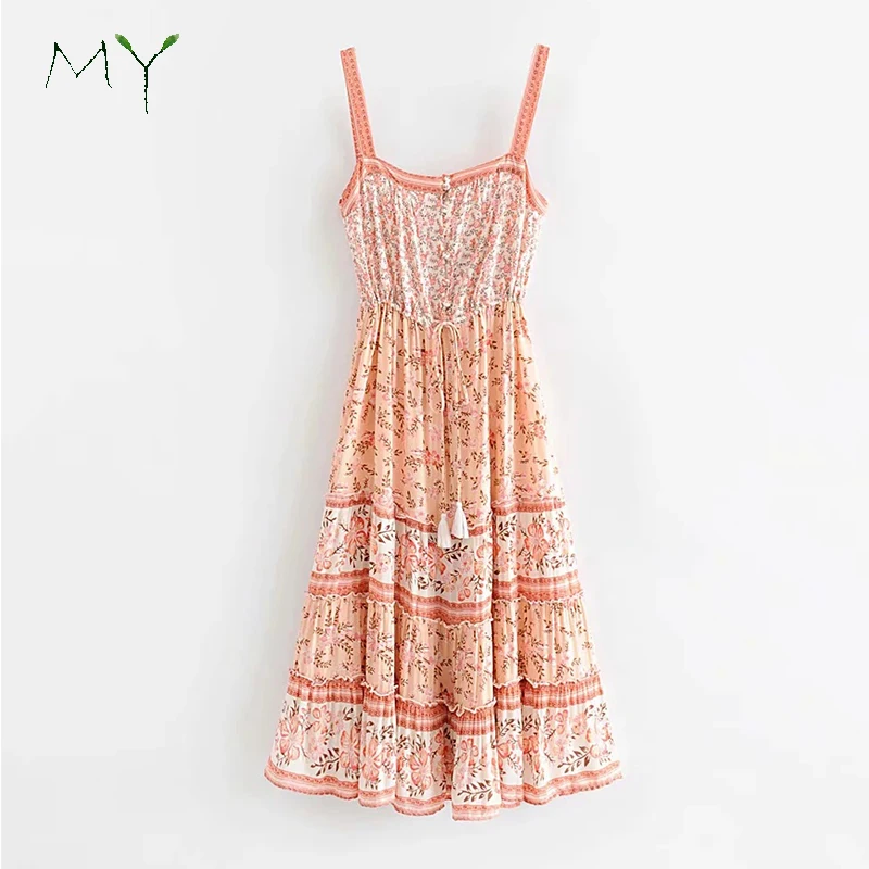 

Women New Style Wholesale Dresses Bohemia Style Floral Print Wide Hem Vacation Boho Dress, As picture