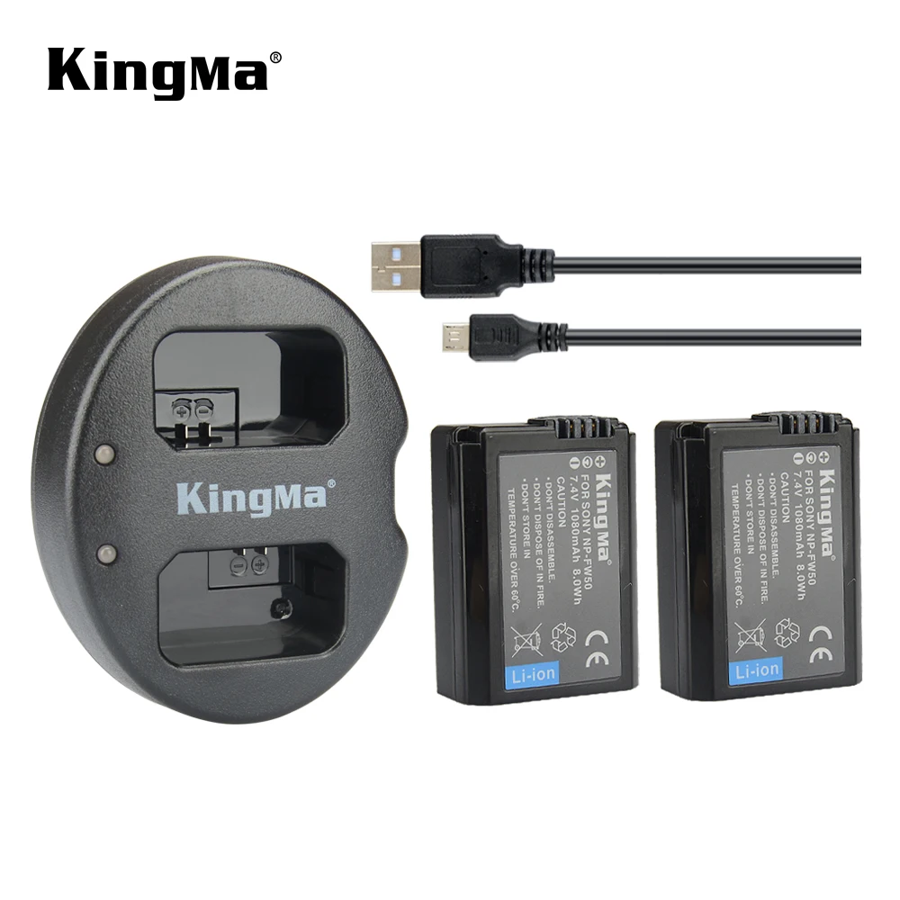

KingMa NP-FW50 Battery (2 Pack) and Dual USB Charger for Sony Alpha A7 II, A7R, A7R II, A6000, A6300, A6500, Black