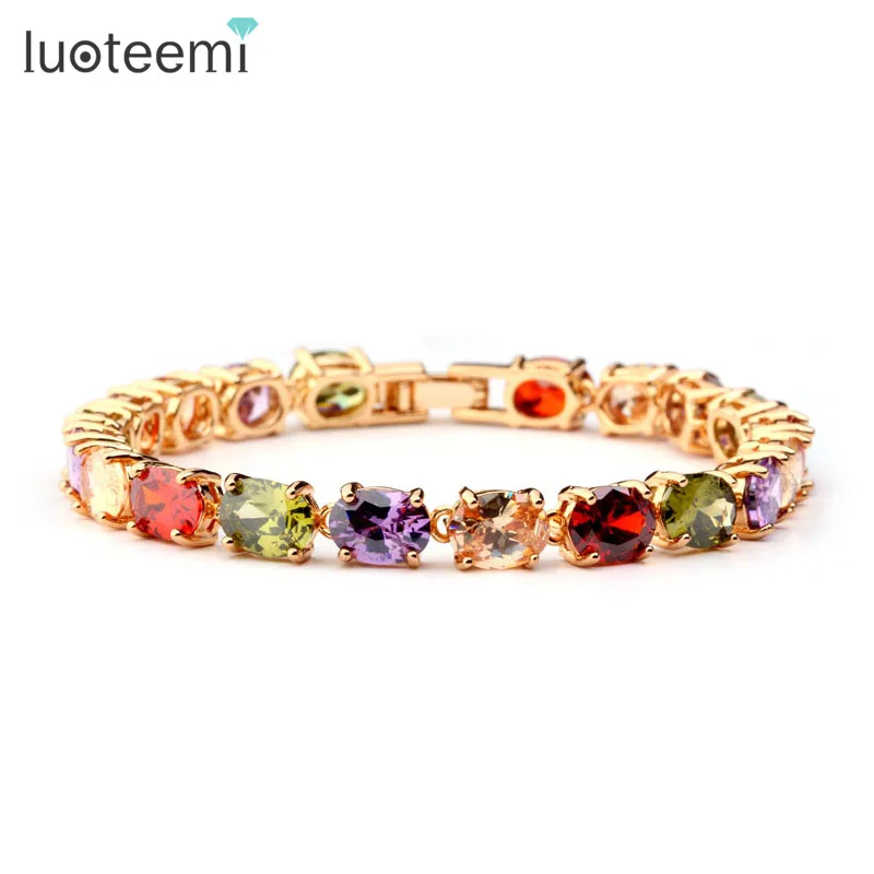 

LUOTEEMI Christmas Hot Sell 18KChampagne Gold Plated Multicolor Oval Shape A AA Zirconia Stone Women Bridal Bracelet