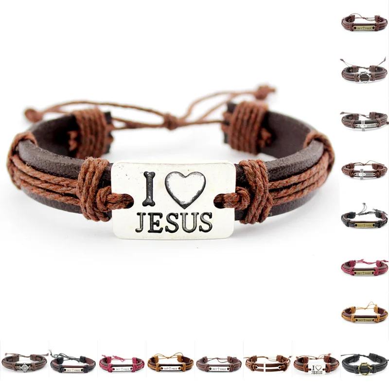 

I Love Jesus Christian Crown of Thorns Ring Jesus Cross Ichthys Set Free Retro Charm Adjustable Mens Genuine Leather Bracelets, Silver plated