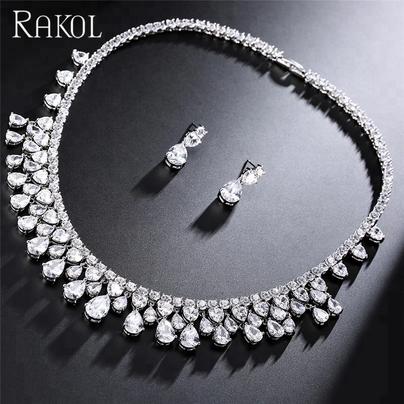 

RAKOL Wedding Bridal Jewelry Set Full Zircon Diamond Droplet Pendant Jewelry Set S254, As picture