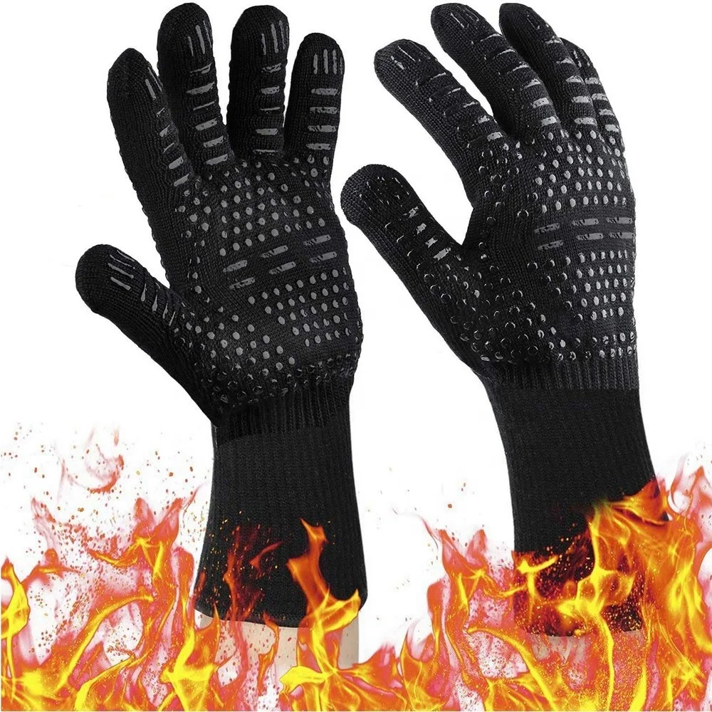 

New 2019 Fireproof Extreme Heat Resistant Silicone Cooking Oven Mitts Aramid BBQ Grill Gloves for Meat Claw, Frying & Baking, Black, white, red, blue or customized