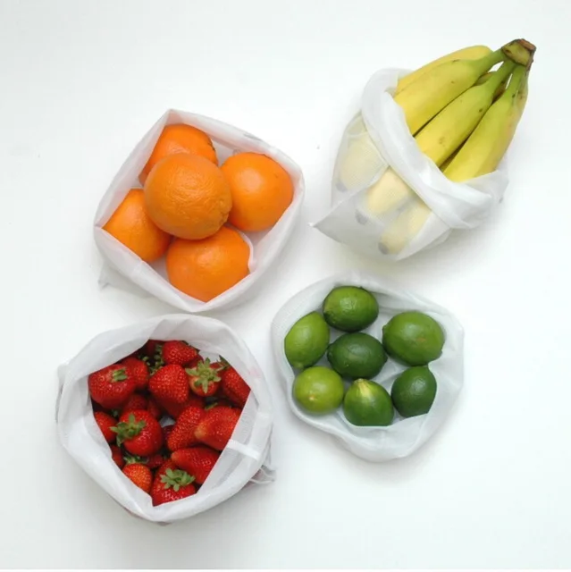 

Washable Reusable Fruit Vege carrier storage RPET Mesh Produce Bag 5 pieces, White color