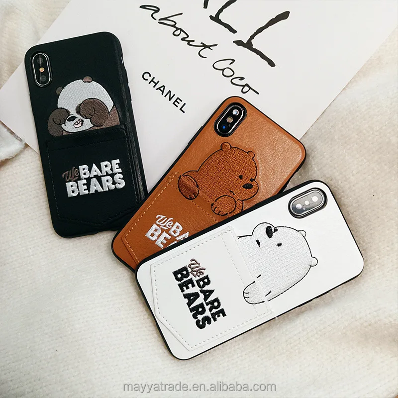 

Cute Bear Credit Card Wallet cash Phone Case Cute Embroidery Case Cover for iPhone 8 8Plus X, White brown black