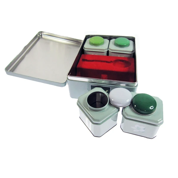 Food grade large Rectangle metal hinged lid tin box with 4pcs small square tin box set for tea