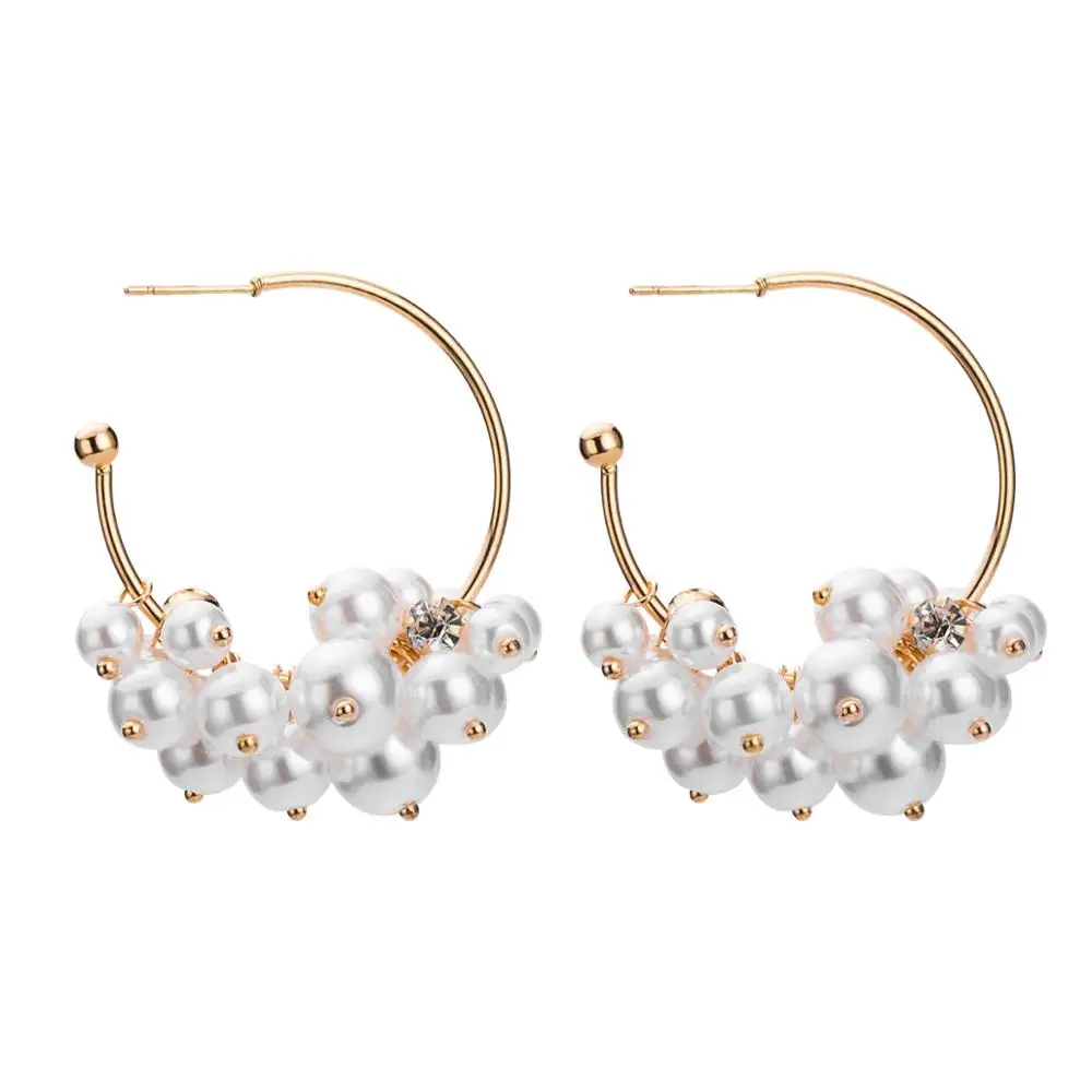 

Fashion Statement Pearl Cluster Alloy Hoop Earrings Luxury Gold Tone Metal Hoop Freshwater Pearl Cluster Drop Earrings For Women, As picture