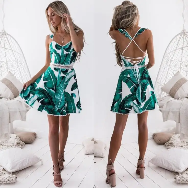 

New high quality Summer Lace Leaves Printing Sleeveless Backless Mini Dress Princess dress, As shown