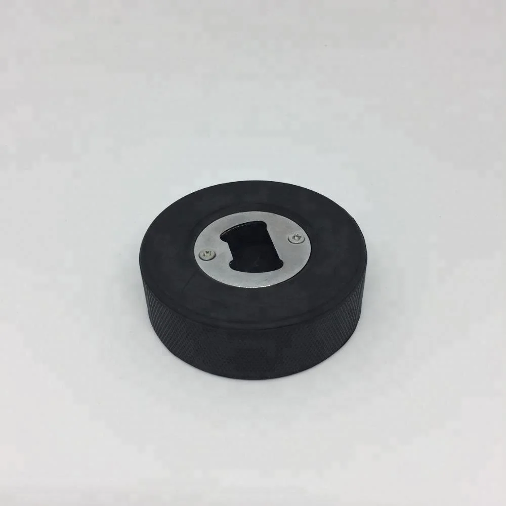 

New Arrival Rubber Hockey Puck With Metal Wine Bottle Opener