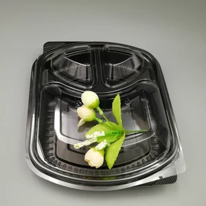 Image of clear plastic disposable snack 3-compartment takeaway one time use ecofriendly food containers