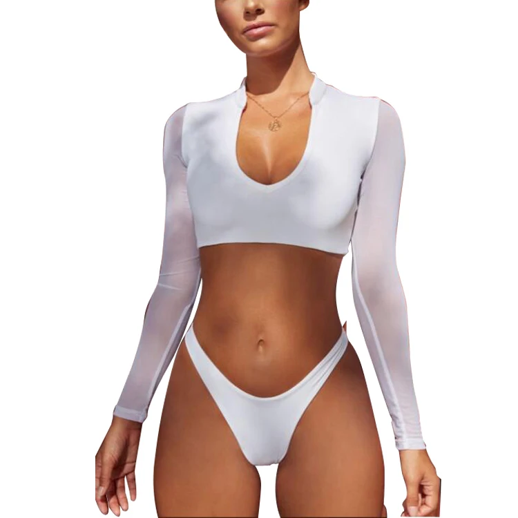 

Karler 2019 Women Sexy Bikini Long Sleeve Girl Beachwear Brazilian Bikinis with Thong Bottoms, White;yellow;orange;dark blue;customized