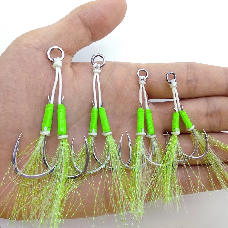 

JK Premium High Carbon ,,, With Glow Luminous Tie Wire Assist Fishing Slow Jigging Hooks, Silver