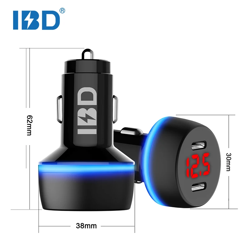 

Double usb pd car charger with led light ring and two usb, Black or oem