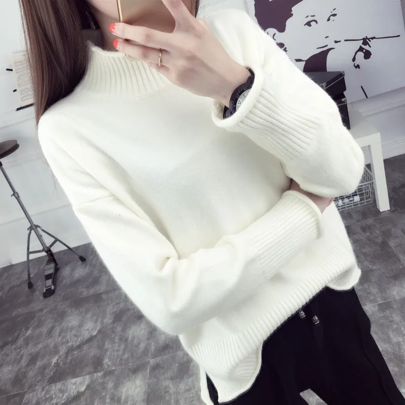 

spring outdoor loose knit high neck plain color woman base shirt sweater
