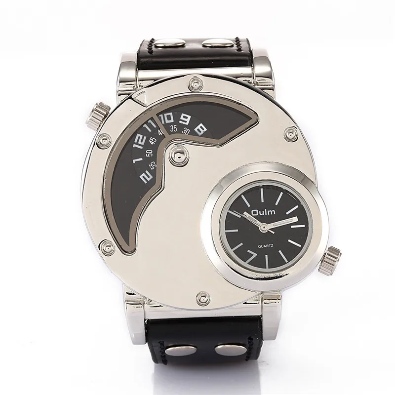 

Oulm 9591 Watch Man Quartz Dual Time Top Brand Luxury Silver Case Leather Military Sport Wristwatch Male Clock relogio masculino