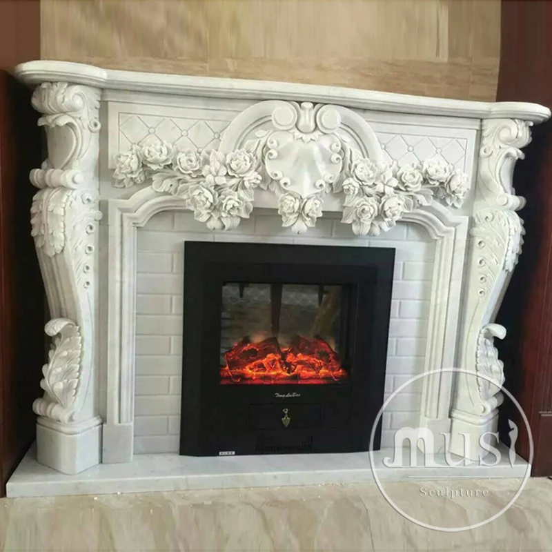 European Cultured Flower Carved Marble Fireplace Surround For Sale