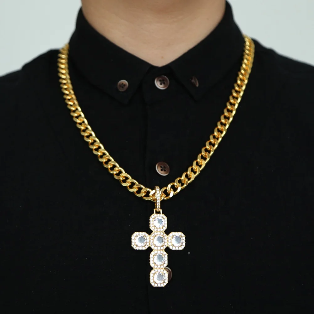 

new arrived mens cuban chain cross charm pendant necklace with cz paved heavy necklace for hip hop jewelry neckalce, Gold