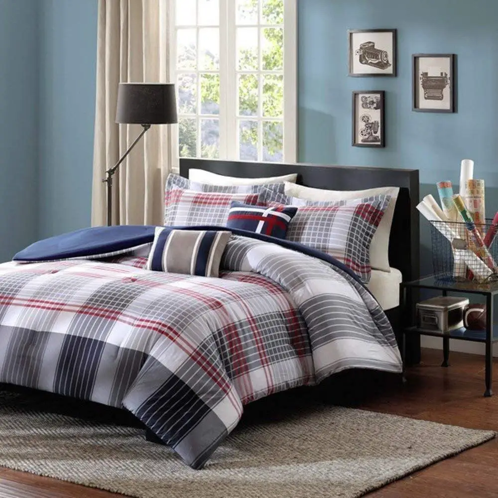 5pc Red Dark Blue Grey Madras Plaid Comforter Full Queen Set, Country Woven Pattern, Burgundy Light Gray Navy White, Tartan Check Stripe Lodge Cabin Themed, Glen Checkered Bedding