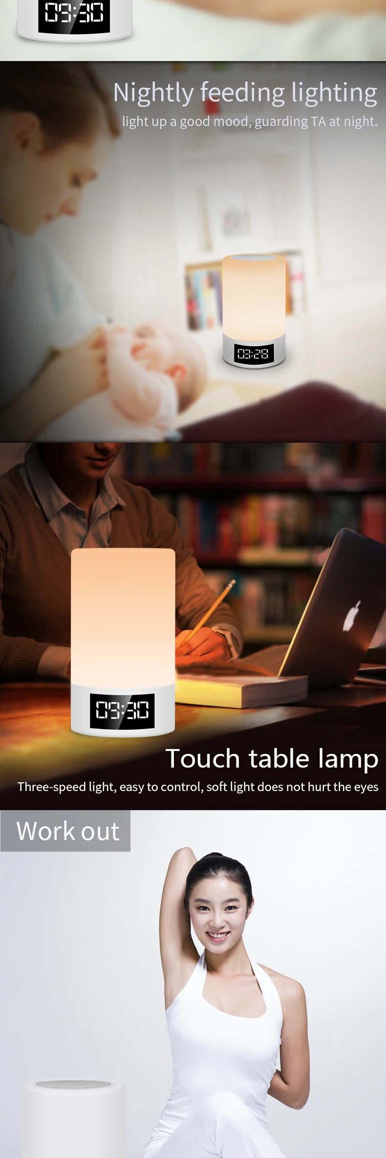 portable multimedia bluetooth speaker smart table lamp light alarm clock led touch light speaker for home