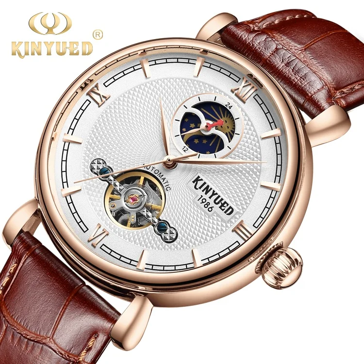 

KINYUED Automatic Tourbillon Movement Watches Moon Phase Leather Waterproof Mens Mechanical Watch