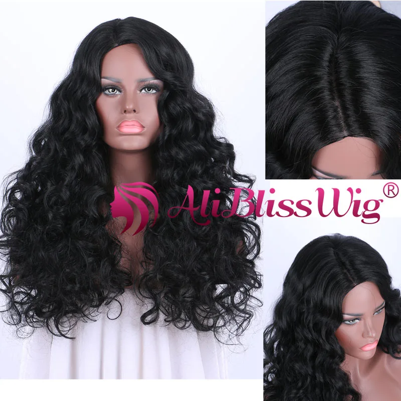 

Wholesale Cheap None Lace Heat Friendly Synthetic Hair 1B Black Long Curly Machine Made Right Side Part Wig for Black Women