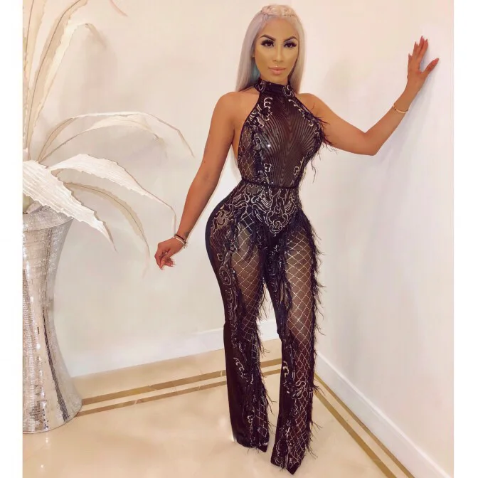 Sexy club wear  halter sequin suit sheer jumpsuit
