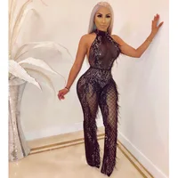 

Sexy club wear halter sequin suit sheer jumpsuit