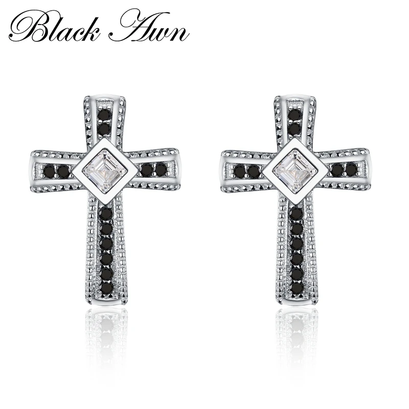 

[BLACK AWN] 100% Genuine 925 Sterling Silver Trendy Jewelry Black&White Stone Cute Engagement Stud Earrings for Women T106