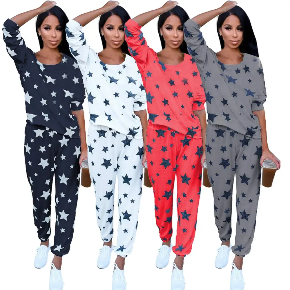 

FM-3315 Wholesale 2019 New Women's wearing loose sets star printing Home Suit two piece lady wear