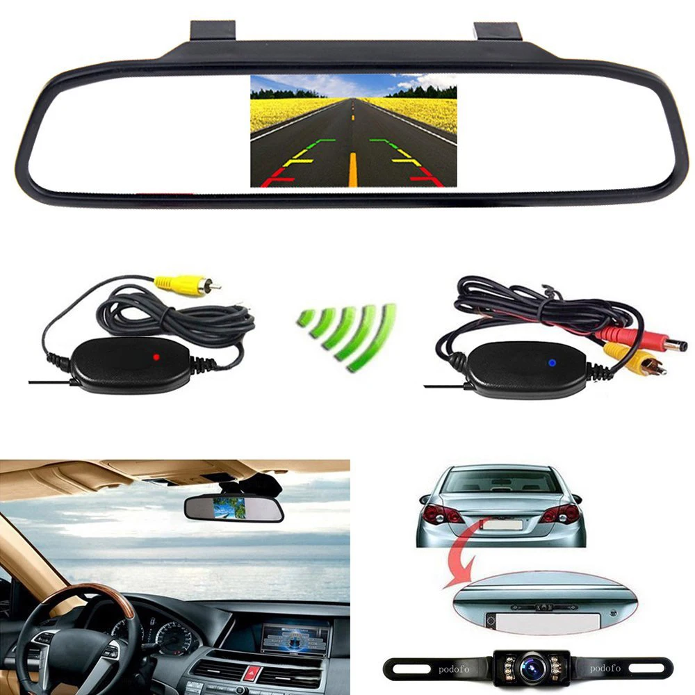 Podofo Wireless 4.3" Car Mirror Monitor + Waterproof Car Rear View