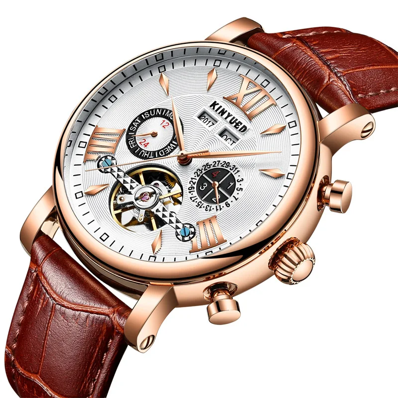 

Popular Business Watches Top Brand Luxury Leather Tourbillon Mechanical Watch Men Clock Relogio Masculino, Four colors are available