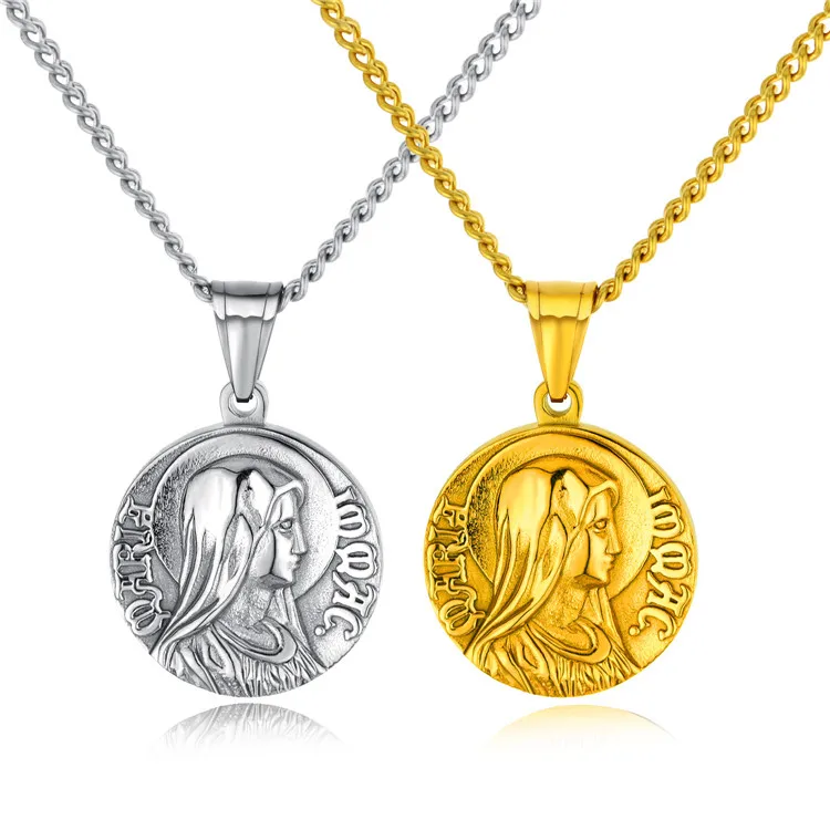 

18K Gold Plated Religious Catholic Round Coin Necklace Stainless Steel Virgin Mary Pendant Necklace