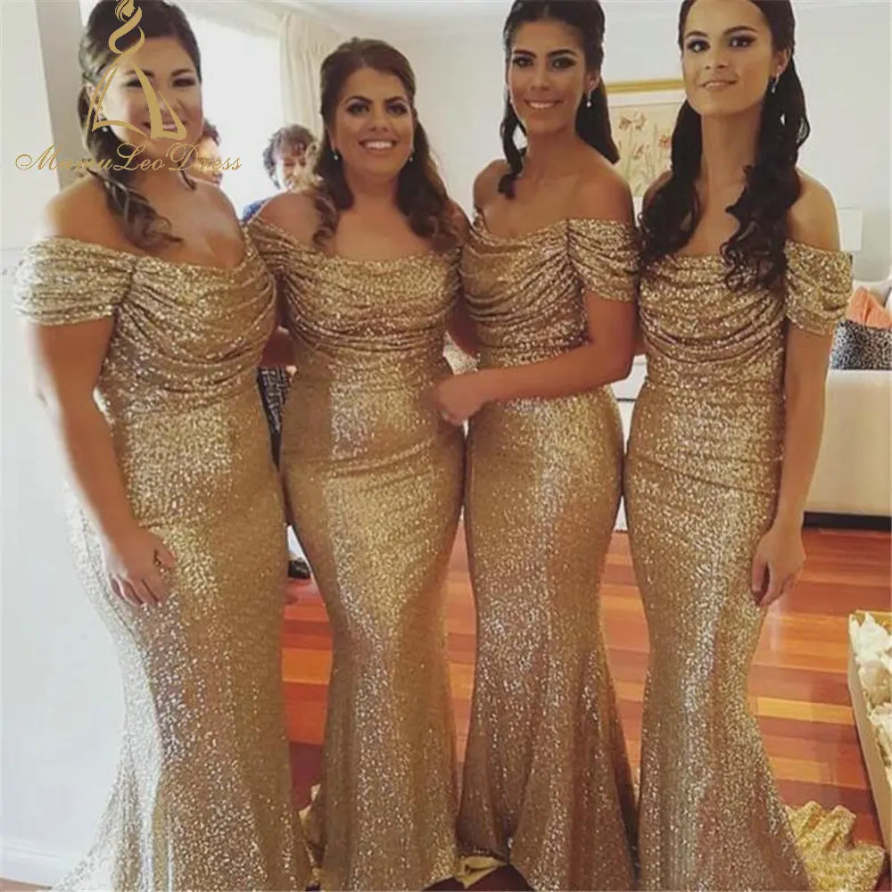 

Floor Length Sheath Draped Rose Gold Sequin Bridesmaid Dresses Off The Shoulder Maid Of Honor Gown