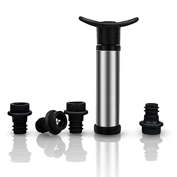 

Amaozn Hot Sale Vacu Vin Wine Saver Pump Preserver with 4 Vacuum Bottle Stoppers Stainless Steel, Black and silver