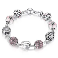 

Antique Silver Charm Bracelet & Bangle with Love and Flower Beads Women Wedding Jewelry 4 Colors
