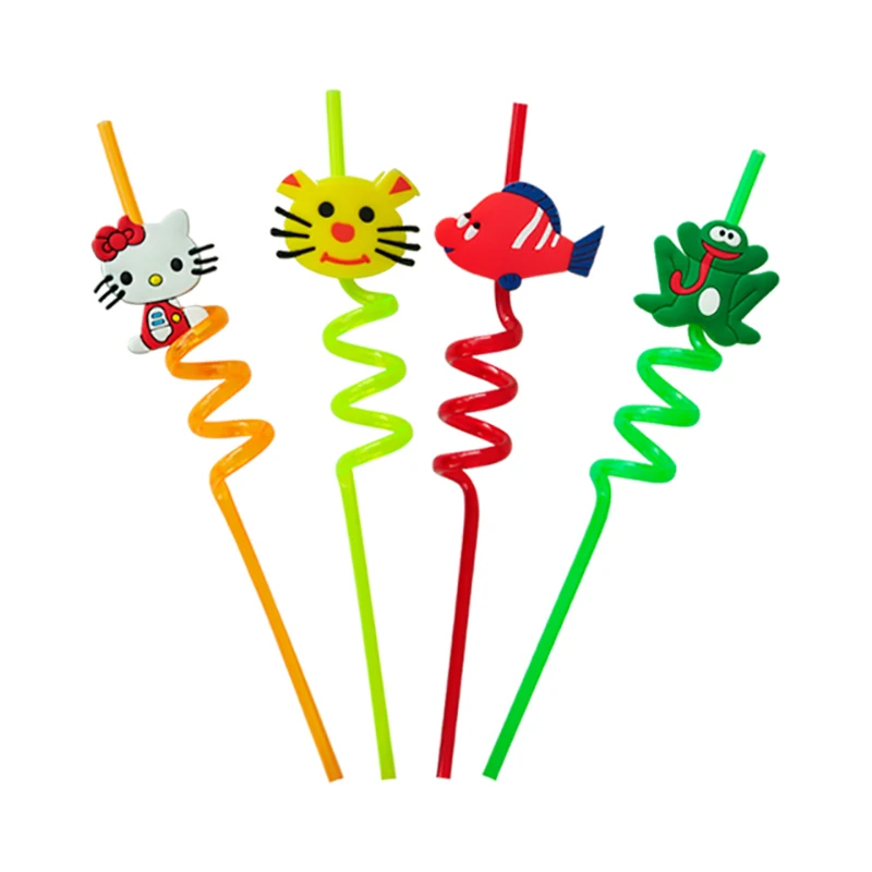 

4pcs Flexible Cute Animal Kitty Fish Tiger Frog Drinking Straws Plastic Distorted Kids Birthday Party Decor Suppliers Reusable